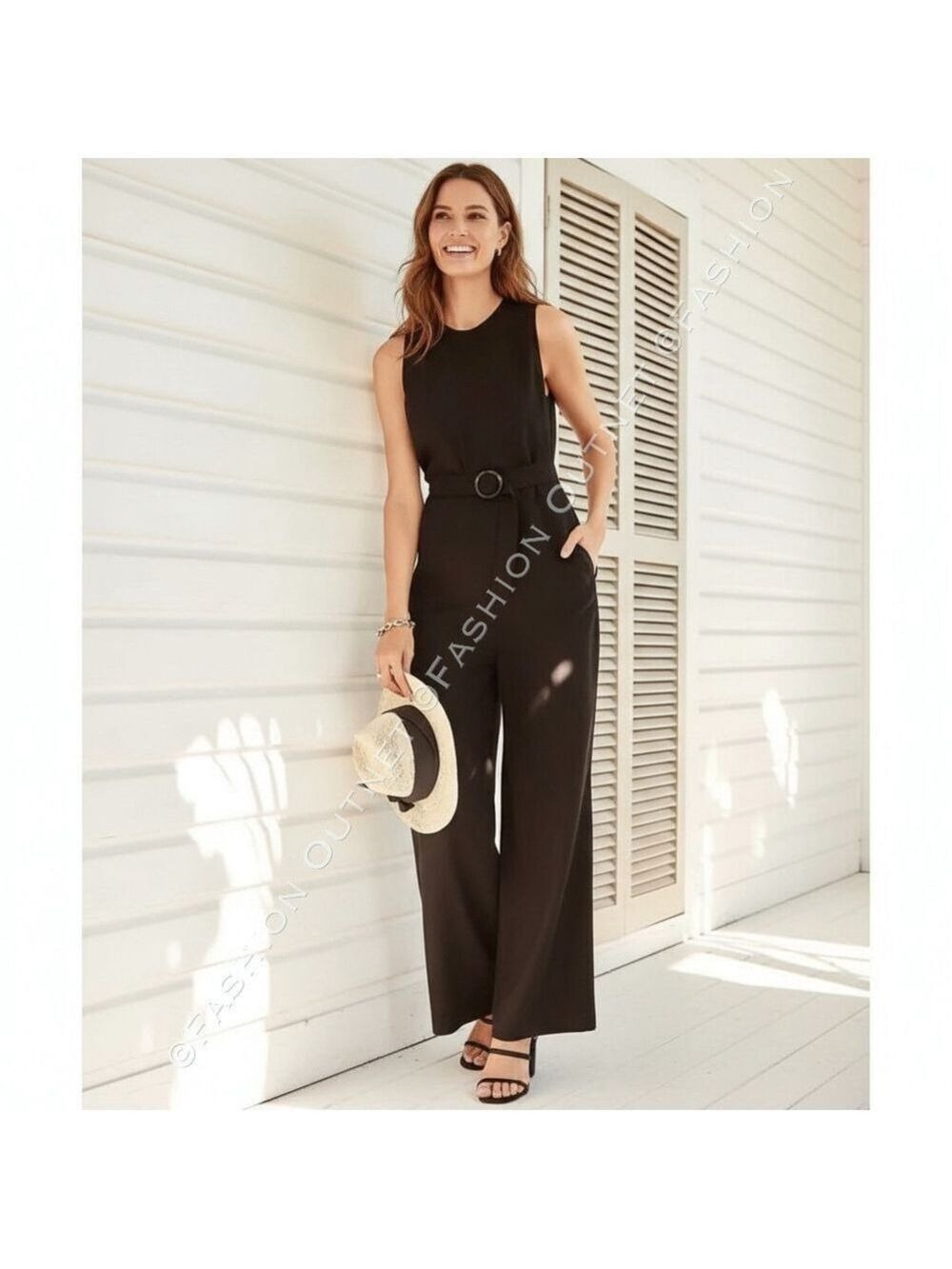 LOFT black linen jumpsuit romper wide leg pants belted Sz 6